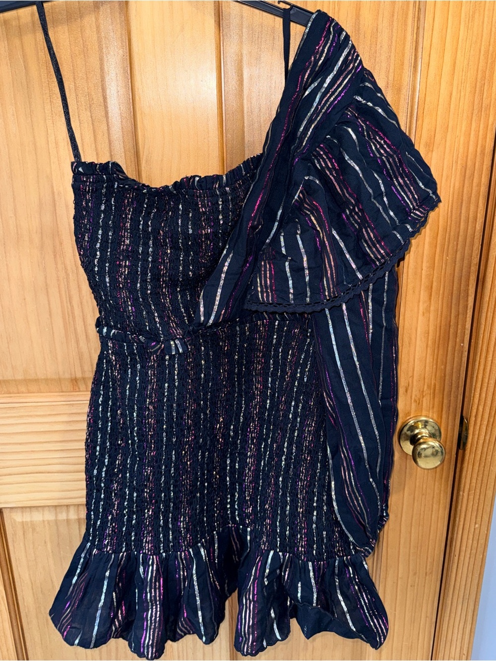 NWT FARM Rio Lurex Stripes Mini Dress w/one shoulder/ruffles/smocked bodice/-S - Picture 12 of 16